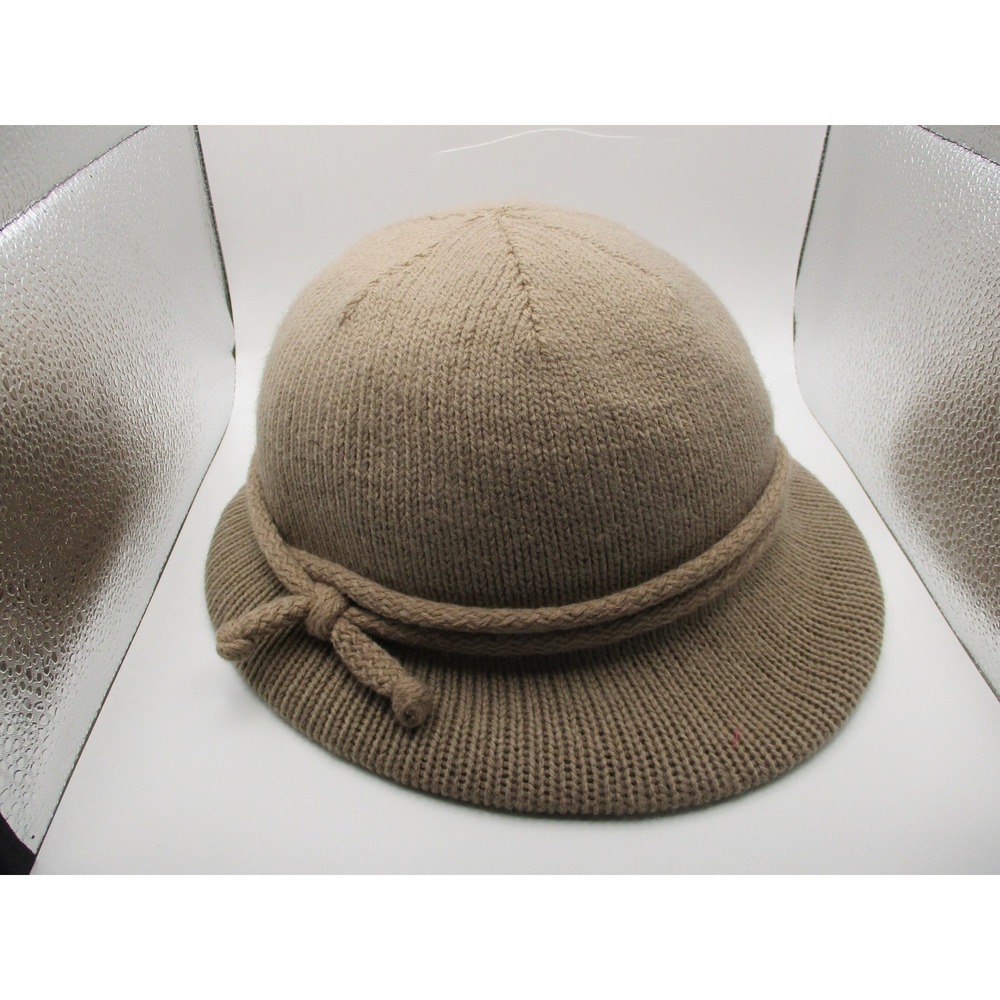 Vintage Union Made Tan Knit Cloche Hat Women Taupe Ribbed Brim Lined USA WPL 219